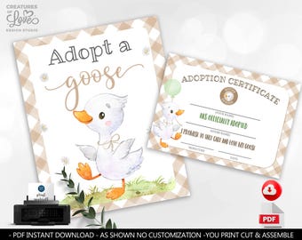 May include: Adopt a Goose printable sign and certificate. The sign features a watercolor illustration of a white goose with a brown and white checkered background. The certificate has a green balloon and a goose illustration.