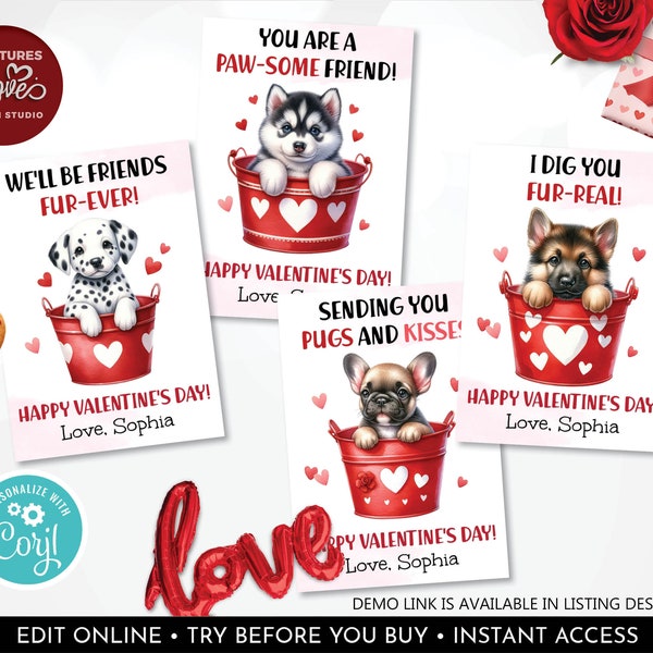 Editable Puppy Valentine's Day Cards Dog Valentines Card School Kids Cards Classroom Exchange Printable Personalized Puppy Valentine Tags VL