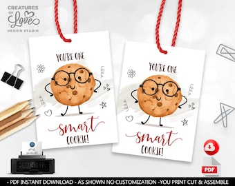 May include: Two printable gift tags featuring a cartoon cookie with glasses and the text "You're one smart cookie!" The tags are white with red and black accents.