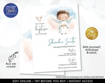 May include: A blue and pink watercolor invitation with a cute angel illustration. The invitation is for a baptism and includes the name Sheridan Smith, the date and time of the event, and the location of the baptism and reception. The text "Edit yourself, download & print." is also included.
