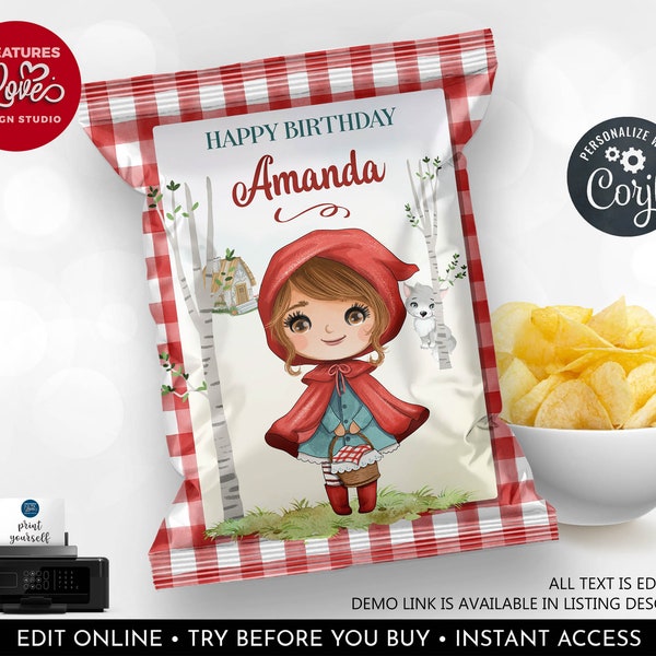 Little Red Riding Hood Chip Bag Wrapper Editable Little Red Riding Birthday Party Favors Printable Digital Download Corjl Chip Template RRH