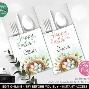 Puede incluir: Tarjeta de lugar imprimible para Pascua con una ilustración de acuarela de un nido de pájaro con huevos coloridos. El texto dice "Feliz Pascua" e incluye un espacio para un nombre. La tarjeta de lugar está diseñada para sostener un tenedor, un cuchillo y una cuchara.