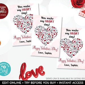 Editable Music Valentine&#39;s Day Cards Music Valentine&#39;s Gift Tag Classroom Exchange Kids School Teacher Printable Personalized DIY Card VL