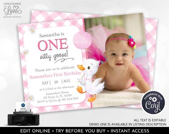 Editable One Silly Goose Birthday Invitation Pink Goose 1st Birthday Party Photo Invite Girl Goose Digital Download Template Printable OSG