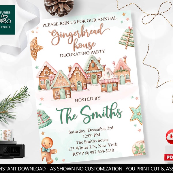 Gingerbread House Decorating Party Invitation Editable Christmas Party Invite Holiday Exchange Cookie Party Template Digital Download GB1