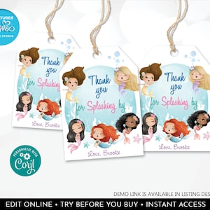Editable Mermaid Tags Little Mermaid Birthday Party Favor Tag Girl Mermaids Bash Splish Splash Under The Sea Gift Tag Download Printable USM