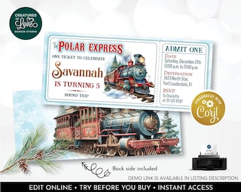 May include: A printable invitation for a 5th birthday party with a Polar Express theme. The invitation is designed to look like a train ticket with a red and blue train on the front. The text on the invitation reads "The Polar Express, One Ticket to Celebrate Savannah is Turning 5, Round Trip". The back of the invitation has a date, time, and location for the party.