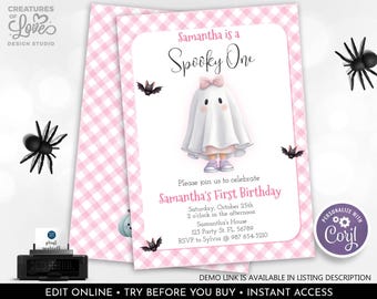 Editable Spooky One Invitation Halloween Pink Ghost Birthday Party Invite Little Boo Cute Ghost Girl Spooktacular Printable Template HLW