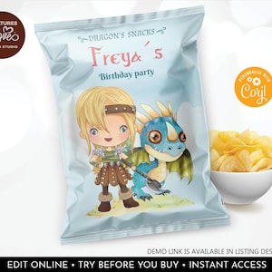 May include: A blue and white chip bag featuring a dragon and a girl in a Viking costume. The bag reads "Dragon's Snacks Freya's Birthday Party".
