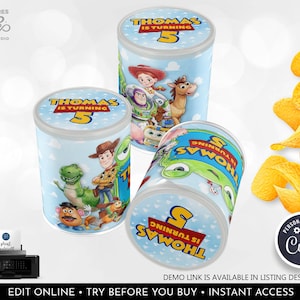 May include: Three cylindrical chip can labels featuring Toy Story characters including Woody, Buzz Lightyear, Jessie, and Rex. The light blue labels display the text Thomas is turning 5 in yellow and red lettering against a cloud pattern background.