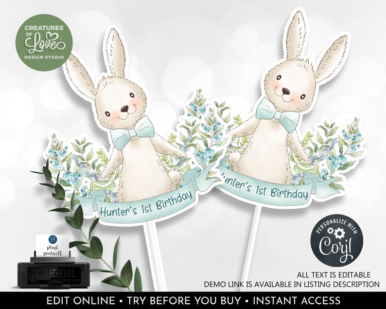 Bunny Cake Topper Editable Some Bunny is One Centerpieces Bunny ...