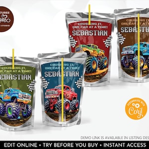 Könnte beinhalten: Vier Saftbeutel mit Monster-Truck-Designs. Jeder Beutel hat einen unterschiedlich farbigen Truck: grün, rot, blau und braun. Der Text auf jedem Beutel lautet "Crushing it, one car at a time!" und "Sebastian". Jeder Beutel hat einen gelben Strohhalm.