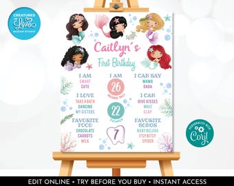 Editable Mermaid Milestone Board Little Mermaid First Birthday Milestone Sign Under the Sea Birthday Party Decor TEMPLATE Download USM