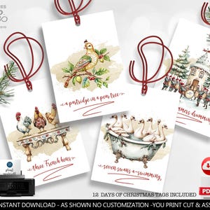 12 Days of Christmas Gift Tags Twelve Days of Christmas Favor Tags 12 Days of Christmas Holiday Cards Printable Digital Instant Download CH