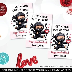 Editable Ninja Valentine's Day Cards Valentine's Day Ninja Gift Tags School Kids Classroom Teacher Exchange Printable Personalized Corjl VL