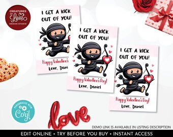 Editable Ninja Valentine's Day Cards Valentine's Day Ninja Gift Tags School Kids Classroom Teacher Exchange Printable Personalized Corjl VL