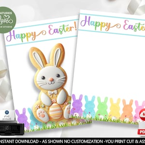 May include: Printable Happy Easter card featuring a decorated bunny cookie and a rainbow of bunny silhouettes. The card is ready to print, cut, and assemble.
