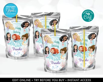 May include: Four silver juice pouches with mermaid illustrations, text reading "Happy Birthday Brooke", and a yellow straw. The design includes mermaids with various hair colors and coral accents.