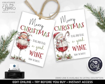 May include: Two white Christmas gift tags with the text "Merry Christmas" in red and green. One tag features Santa Claus in a wine glass, the other a snowman. Both say "To all and to all a good wine."