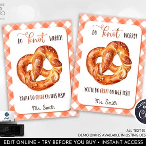 Editable Testing Day Snack Tag Classroom Student Treat Tag Pretzel Good Luck Final Exams School Test Taking Pretzel Knot Favor Tags PTO GLT