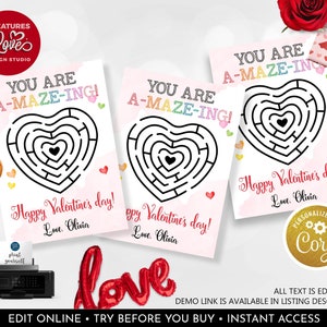 Editable Maze Valentine's Day Gift Tag Valentine You Are A-MAZE-ING Valentine Classroom School Gift Tag Non-Candy Tag Instant Download VL