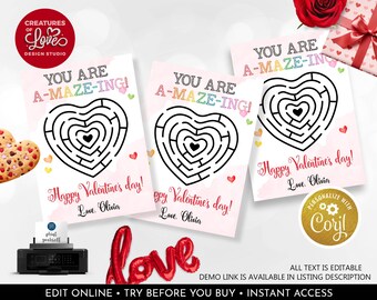 Editable Maze Valentine's Day Gift Tag Valentine You Are A-MAZE-ING Valentine Classroom School Gift Tag Non-Candy Tag Instant Download VL