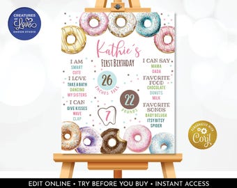 Editable Donut Milestone Board Donut First Birthday Sign Donut Birthday Party Decor Doughnut Party Sign Donut Grow Up TEMPLATE Download DNT