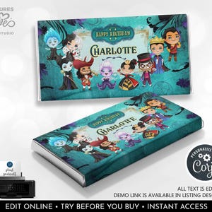 May include: Printable chocolate bar wrapper featuring a cartoon illustration of characters from Disney's Descendants. The wrapper is teal blue and green with a white border. The text "Happy Birthday! Charlotte" is printed on the wrapper.