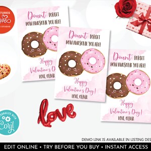 Printable Donuts Valentine Cards Donuts Valentine Tag Valentine&#39;s day kids Cards Classroom Valentine Cards School Exchange Personalized VL