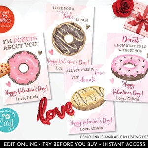 Printable Donut Valentine Cards Donuts Valentine Tag Valentine&#39;s day kids Cards Classroom Valentine Cards School Exchange Personalized VL