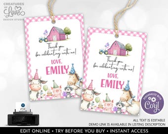 Editable Farm Favor Tag Barnyard Party Animals Pink Barn Gingham Thank You Tag Farm Animals Gift Tag Digital Download Template Printable FPA