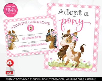 May include: Two printable cards with a pink gingham border. One card reads "ADOPTION CERTIFICATE" and features pony illustrations. The other card says "Adopt a pony" with a pony illustration. The cards are designed for instant download and print.