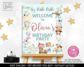 May include: A printable welcome sign for a birthday party with a blue background and a whimsical illustration of animals and a clock. The text reads "Hey Diddle Diddle Welcome to Olivia's Birthday Party".