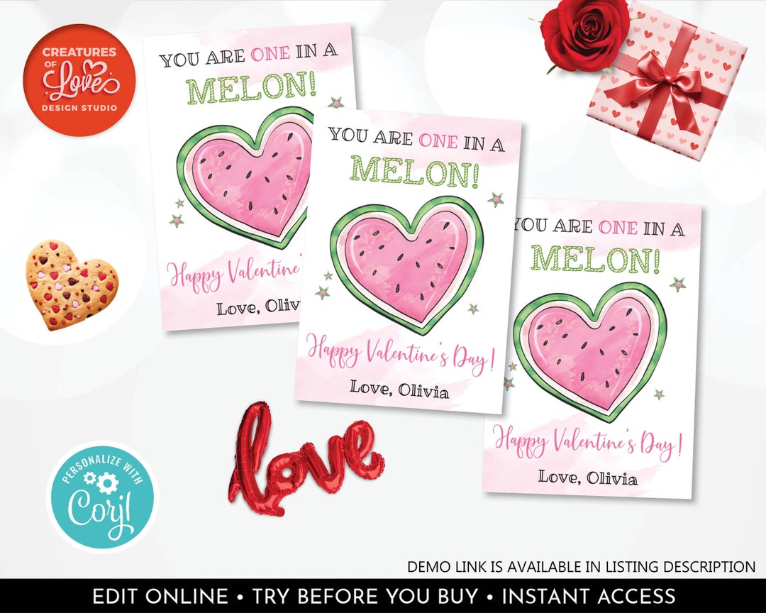 Editable One in a Melon Valentines Day Card Valentine's Kids Cards ...