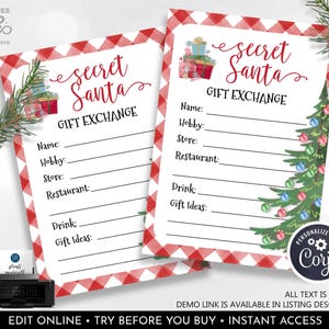 Editable Secret Santa Questionnaire Card Secret Santa Gift Exchange Holiday Party Wish List Christmas Party Card Printable Template Corjl CH