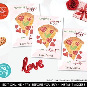 Editable Valentines Day Pizza Card You have a pizza my heart kids Cards Classroom School Exchange Printable Personalized Tag VL