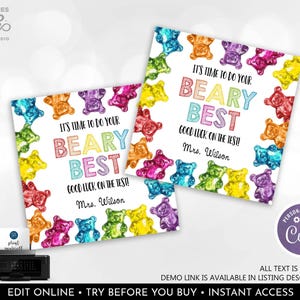 Editable Good Luck Test Day Tag Gummy Bears Treat Tags Teacher School Classroom Do Your BEARY Best Finals Exam Testing Day Snack Tags GLT