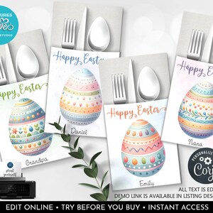 May include: Easter-themed place setting with a watercolor egg design. Each place setting includes a fork, spoon, and knife, with a personalized name. The text "Happy Easter" is displayed on each card. The image also includes the text "Edit Online - Try Before You Buy - Instant Access".