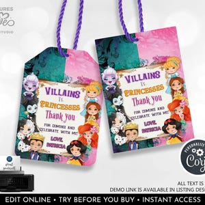 Editable Princess vs Villains Favor Tags Princess Villains Birthday Party Tags Spooky Halloween Witch Evil Character Printable Template DPV