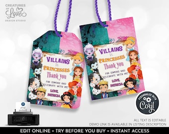 Editable Princess vs Villains Favor Tags Princess Villains Birthday Party Tags Spooky Halloween Witch Evil Character Printable Template DPV