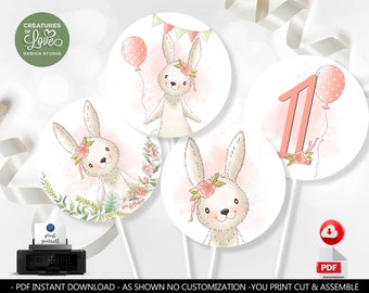 Bunny Centerpieces Pink Bunny Floral Cake Topper Spring Blush Rabbit Birthday Party Some Bunny is One Decor Digital Download PRINTABLE BBG1