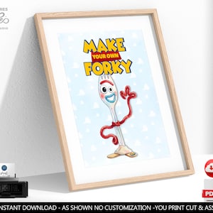 May include: A framed digital print featuring a cartoon spork character with googly eyes, a blue mouth, and red pipe cleaner arms on a light blue background with white clouds. The text reads MAKE YOUR OWN FORKY in bold yellow and red letters.