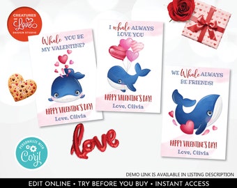 May include: Three printable Valentine's Day cards featuring a blue whale with hearts. The text on the cards reads "Whale you be my Valentine?", "I whale always love you", and "We whale always be friends!"