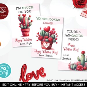 Editable Valentine's Day Cards Cactus Valentines Card School Kids Cards Classroom Exchange Printable Personalized Succulent Valentine Tag VL