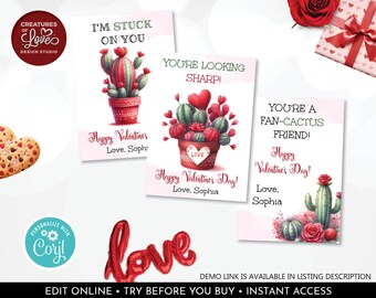 May include: Four printable Valentine's Day cards featuring a cactus illustration with hearts and the text "I'm stuck on you", "You're looking sharp!", "You're a fan-cactus friend!" and "Happy Valentine's Day! Love, Sophia".