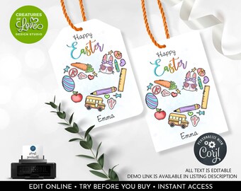 Peut inclure: Étiquettes cadeaux de Pâques blanches avec un design "Joyeuses Pâques" coloré et des illustrations de lapin, carotte, œuf et bus scolaire. Les étiquettes ont une ficelle orange et le nom "Emma" est imprimé dessus. Les étiquettes sont personnalisées avec Corjl.