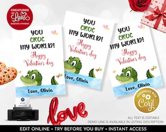 May include: Three printable Valentine's Day cards featuring a cartoon alligator with the text "You croc my world! Happy Valentine's Day" and space for a personalized name.