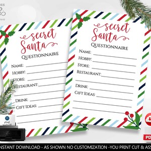 Secret Santa Questionnaire Card Secret Santa Gift Exchange Holiday Party Wish List Christmas Party Card Printable Instant Download Corjl CH