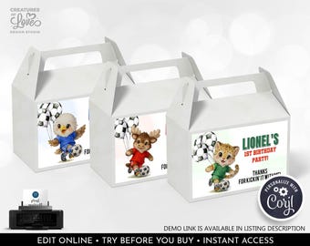 Soccer Gable Box Label Editable Futbol Soccer Favor Box Template World Cup Mascot Birthday Party Favor Box Printable Digital Download FB26