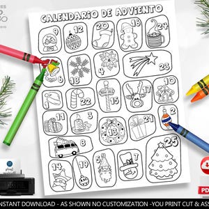 Calendario de Adviento Christmas Countdown Poster Kids Classroom Advent Calendar Coloring Pages Fun PRINTABLE Digital Instant Download CH